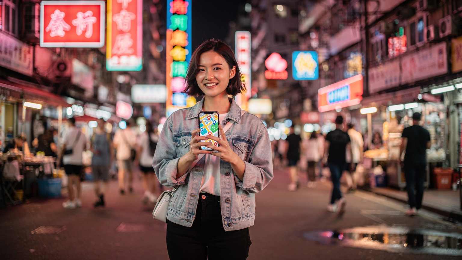 一位年輕女性在香港旺角熱鬧的街頭, 手持iPhone, 屏幕上顯示著Google Maps的導航界面, 臉上帶著自信的笑容, 背景是充滿霓虹燈的建築和人群。