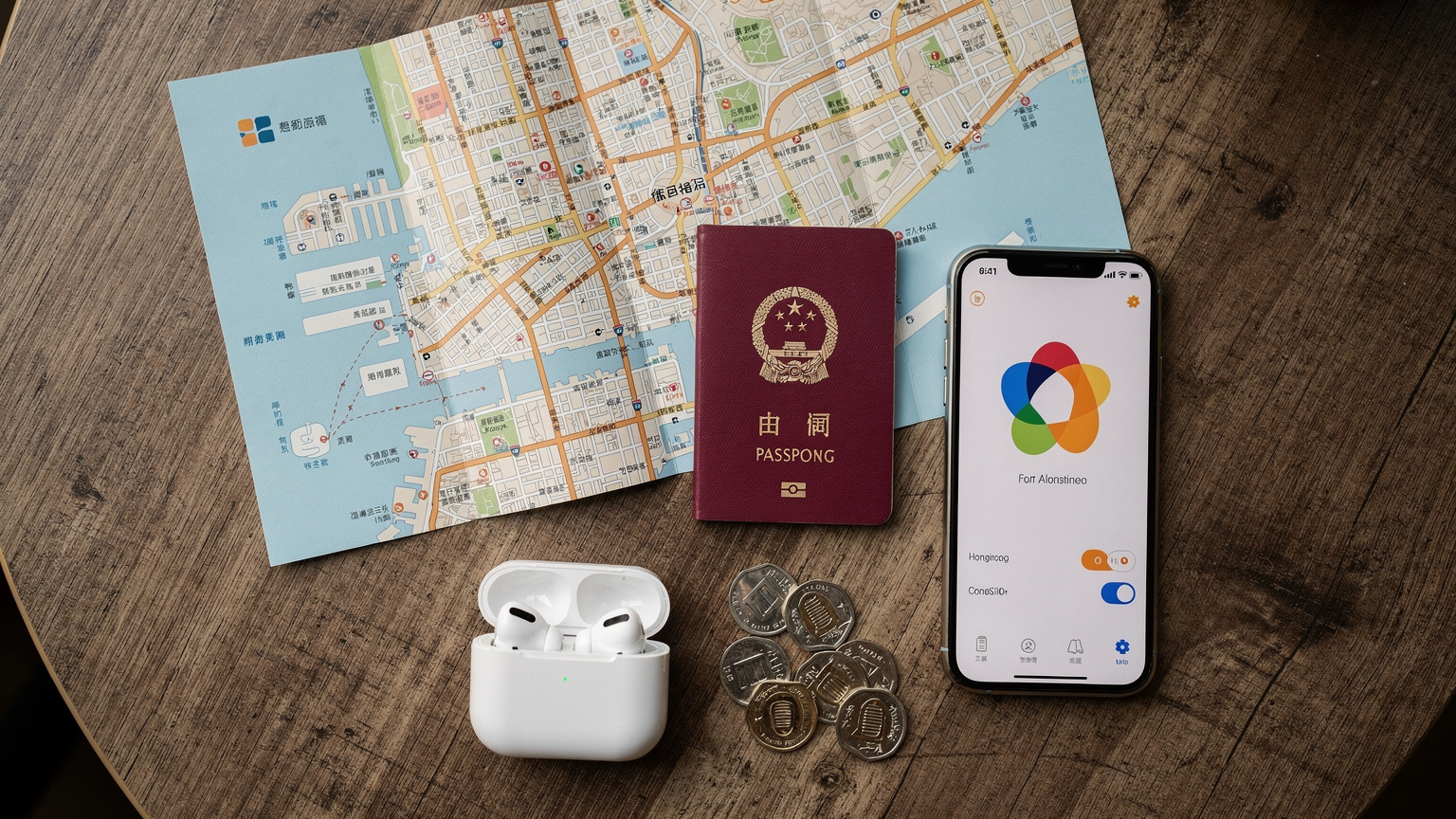 一張俯視圖, 展示了一張香港地圖、一本護照、一部開啟eSIM界面的iPhone、一副耳機和幾枚港幣硬幣, 整齊地擺放在一張木質桌面上, 營造出旅行準備的氛圍。