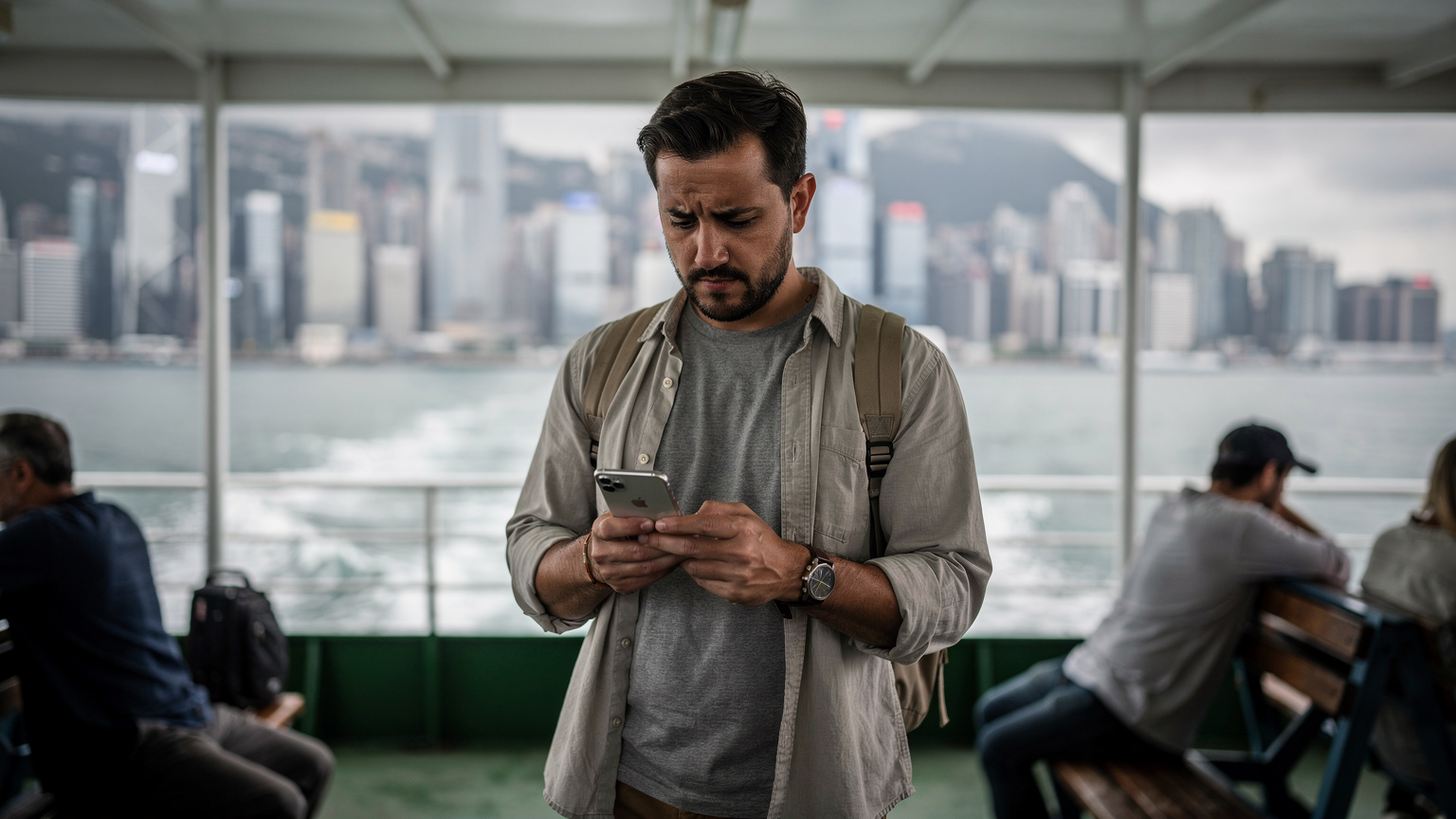 一位旅客在香港的繁忙渡輪上, 面露焦慮地查看iPhone屏幕, 試圖解決eSIM連接問題, 遠處是維多利亞港的景色。