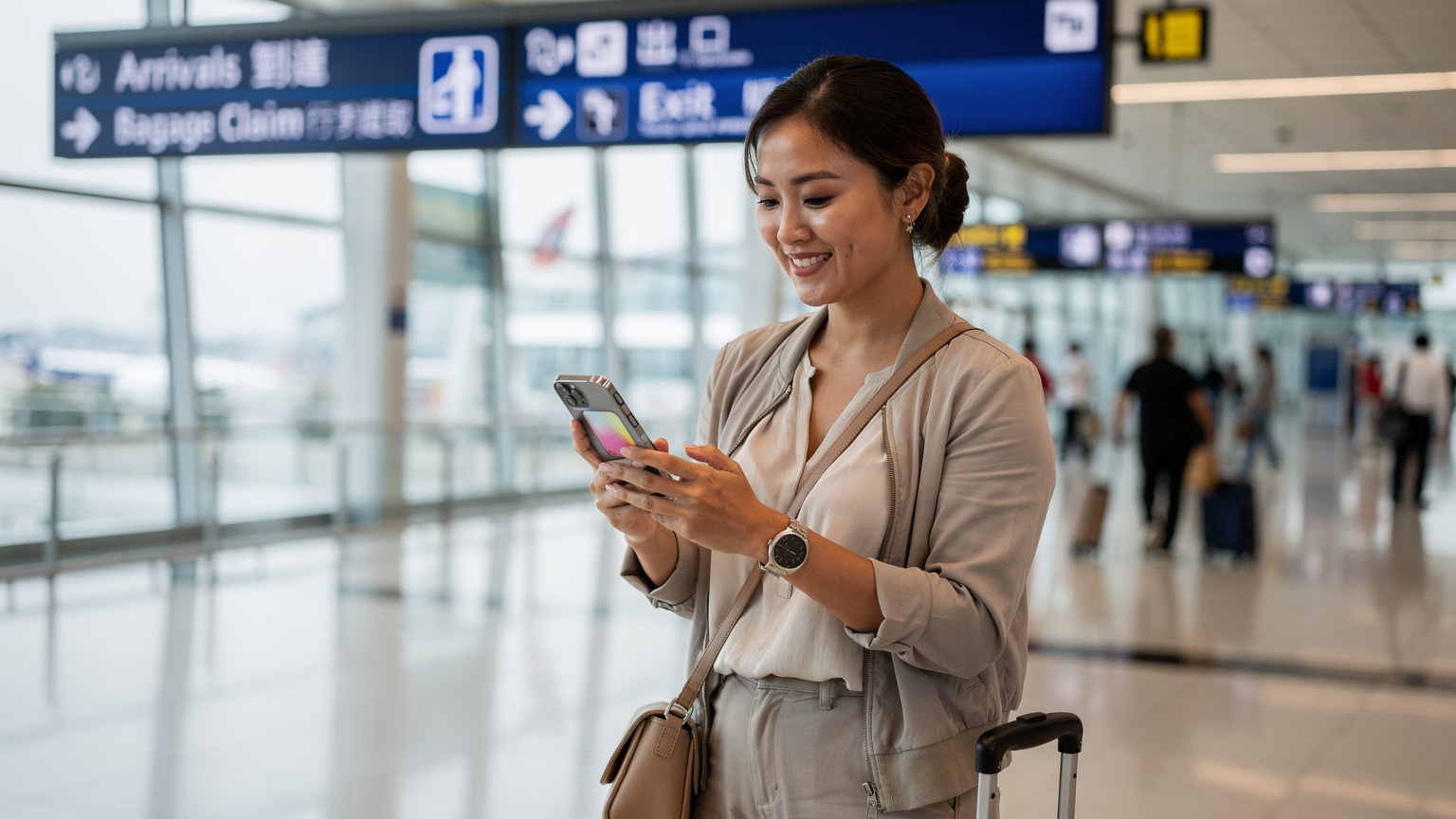 一位旅客在香港國際機場抵達大廳, 開啟iPhone, 準備激活eSIM, 臉上帶著輕鬆的笑容, 背後是機場指示牌。