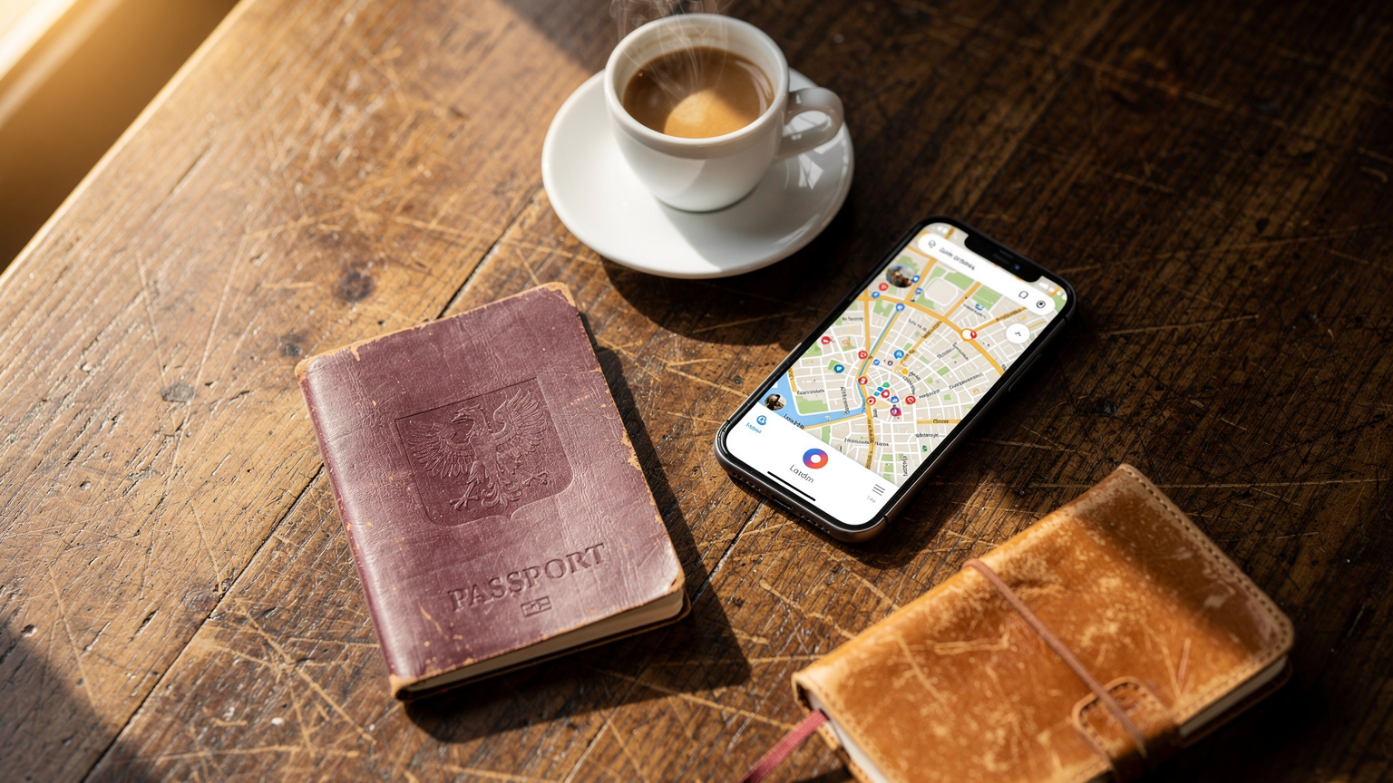 Zestawienie podróżne na stoliku w kawiarni: paszport, smartfon z mapą Londynu, kubek kawy i niewielki notes. Wszystko ułożone w stylu overhead flat-lay, z ciepłym, naturalnym światłem padającym z okna.