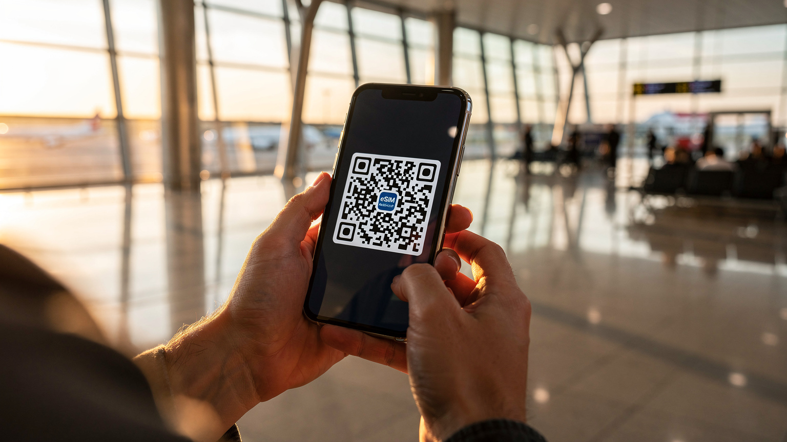 Zbliżenie na dłonie podróżnika trzymającego smartfon, z widocznym na ekranie kodem QR do aktywacji eSIM. W tle widać niewyraźne, nowoczesne wnętrze lotniska z dużymi oknami i elementami metalowymi.