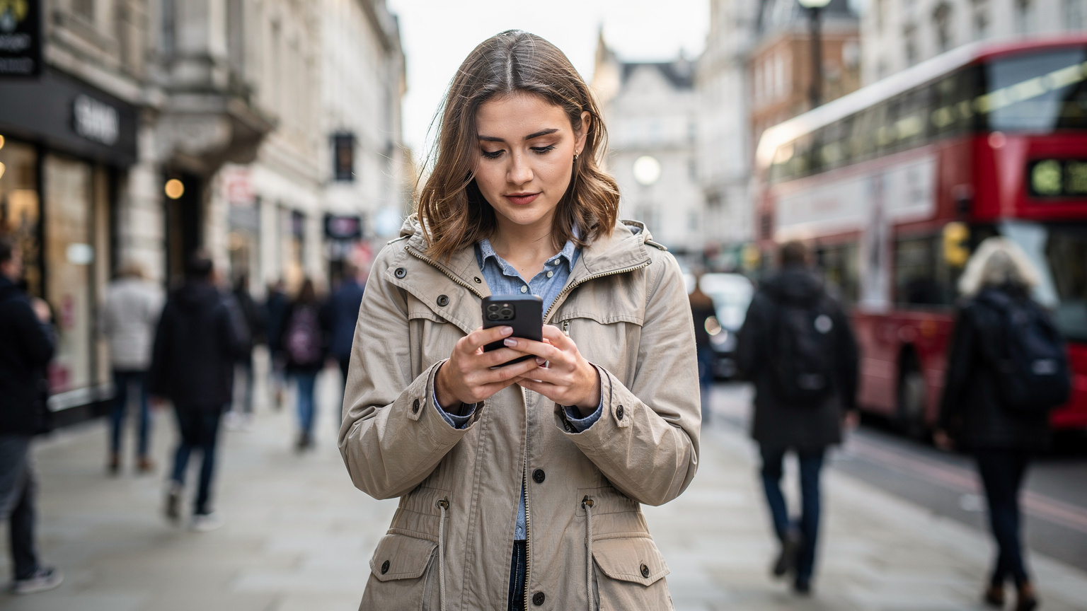 Młoda kobieta stojąca na ruchliwej ulicy handlowej w Londynie, patrzy na swój smartfon, obok niej przechodzą inni ludzie. W tle widać charakterystyczne londyńskie budynki i czerwony autobus. Scena oddaje dynamikę miejskiego życia.