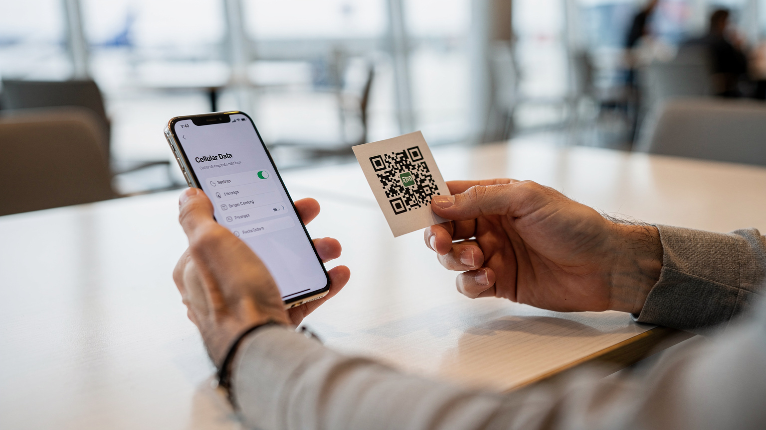 Un voyageur scannant un QR code pour activer son eSIM sur son smartphone, dans l'ambiance lumineuse d'un café d'aéroport international.