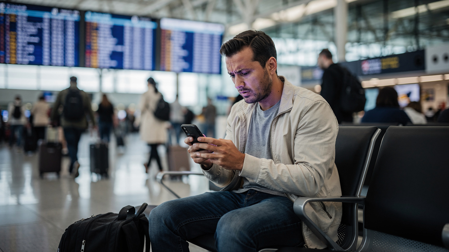 Un homme stressé vérifiant son téléphone avec un air inquiet, assis dans le hall bondé d'un aéroport international, avec des écrans d'affichage de vols en arrière-plan.