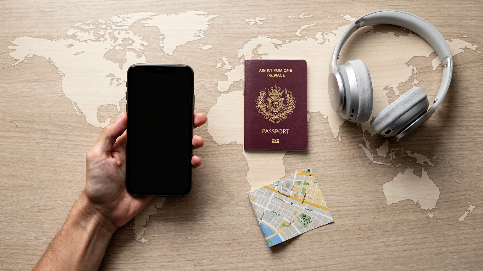 Une personne tenant un smartphone avec un passeport et des écouteurs posés sur une carte du monde stylisée, sur une table en bois clair.