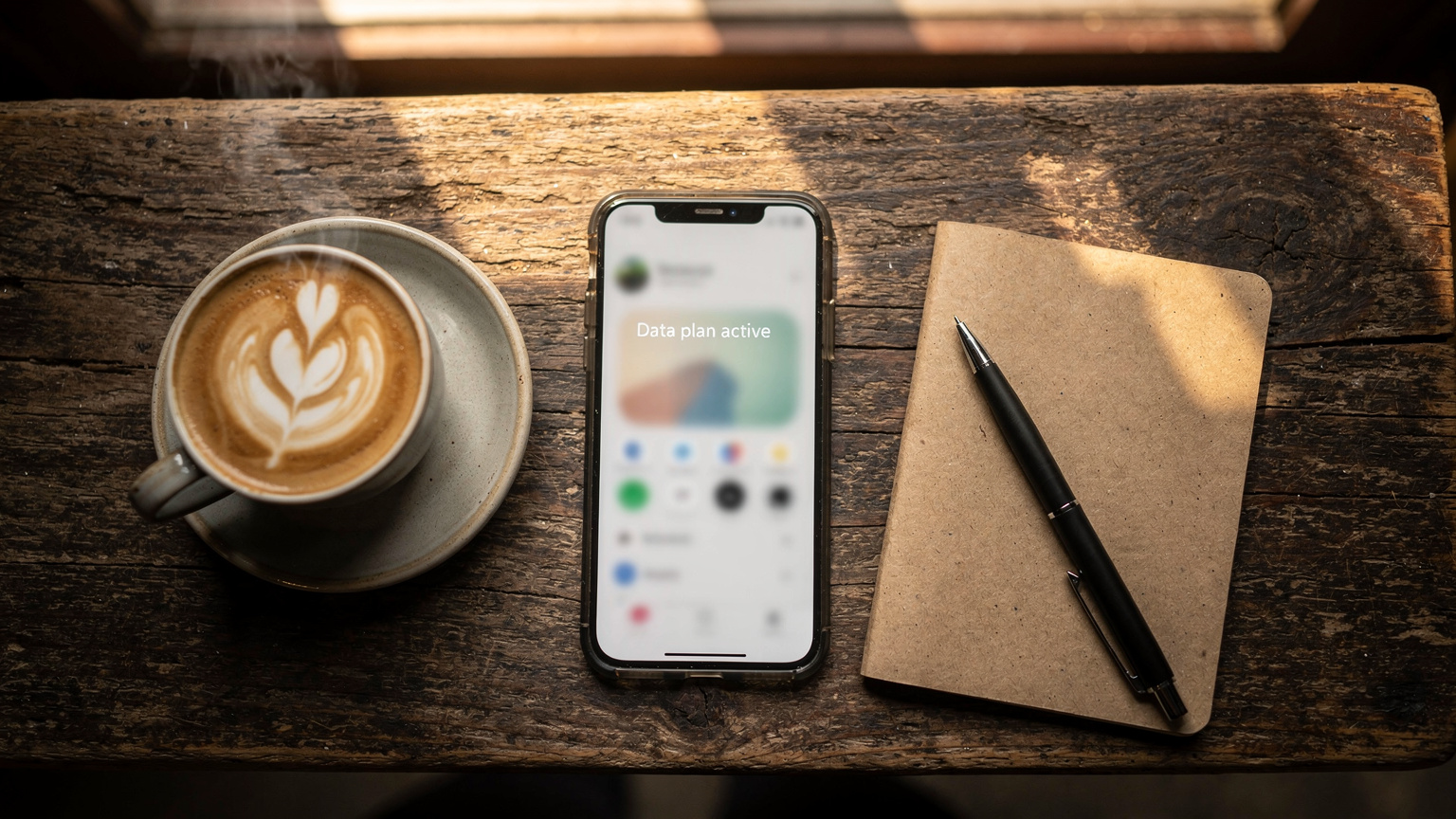 Un téléphone affichant l'application Cellesim avec un forfait eSIM activé, posé sur une table en bois d'un café à Bali, avec un latte art en arrière-plan.