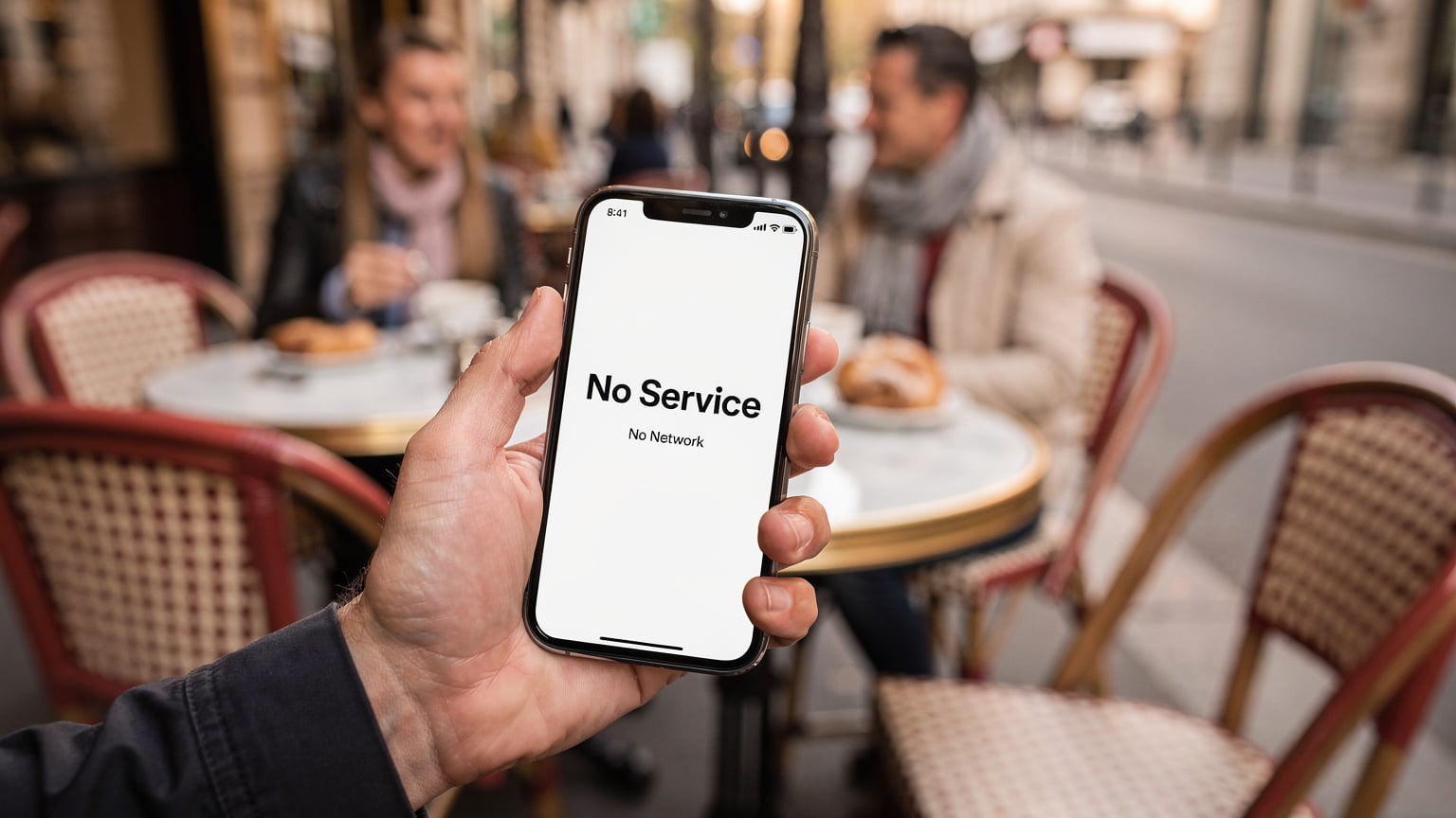 A traveler's hand holding a smartphone with a prominent 'No Service' error message, against a blurry but vibrant backdrop of a busy Parisian café terrace in the morning.