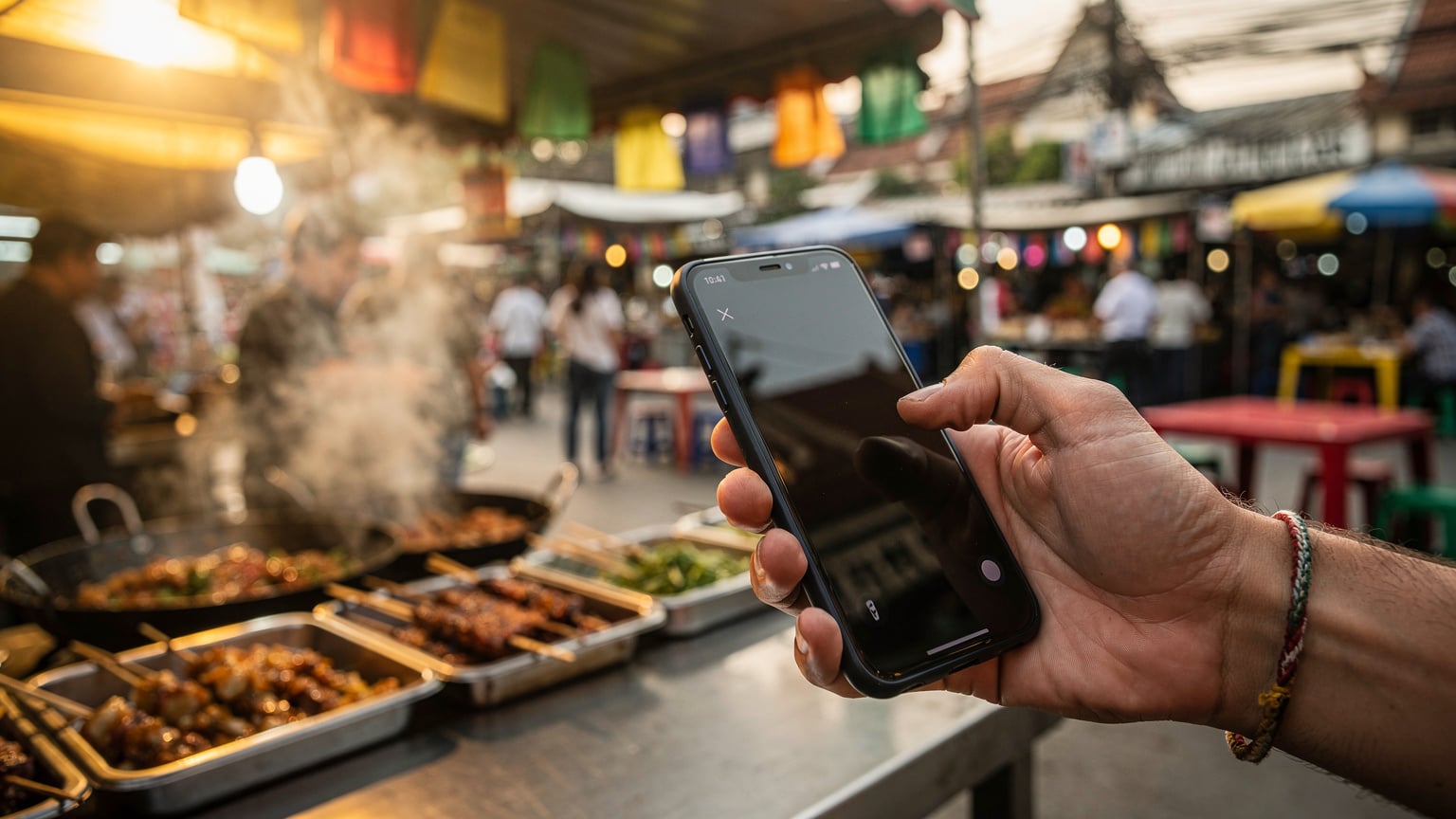 A close-up of a traveler's hand holding a smartphone with a 'no signal' icon prominently displayed, attempting to pay at a vibrant street food stall in Bangkok, Thailand.