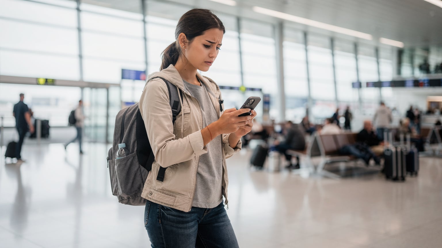 A woman traveler, looking frustrated, holding her smartphone with a 'no signal' icon displayed, while standing amidst a blurred, bustling crowd in a European airport departure lounge.