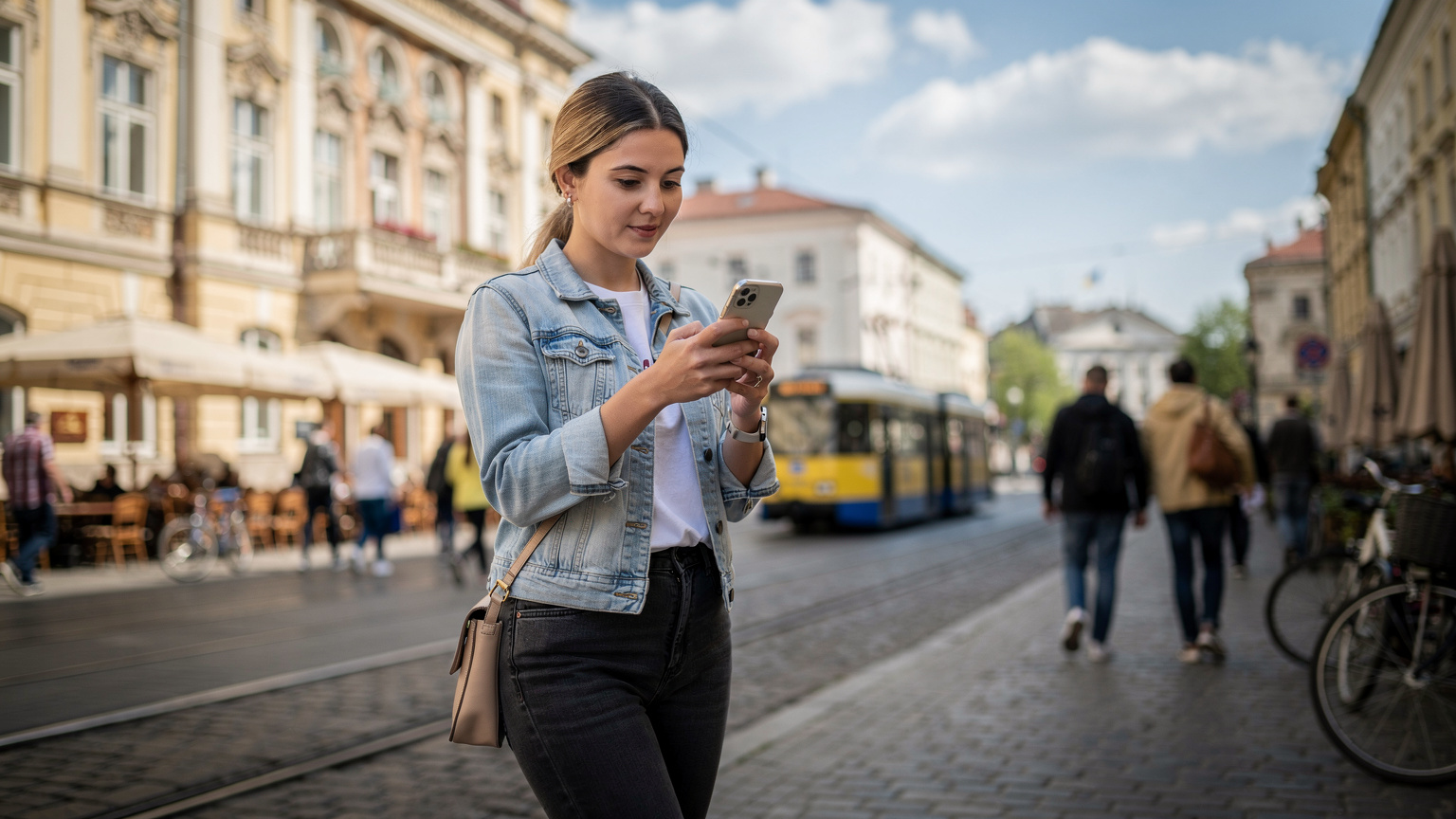 Молода жінка користується смартфоном для навігації в центрі Львова, демонструючи легкість використання eSIM.