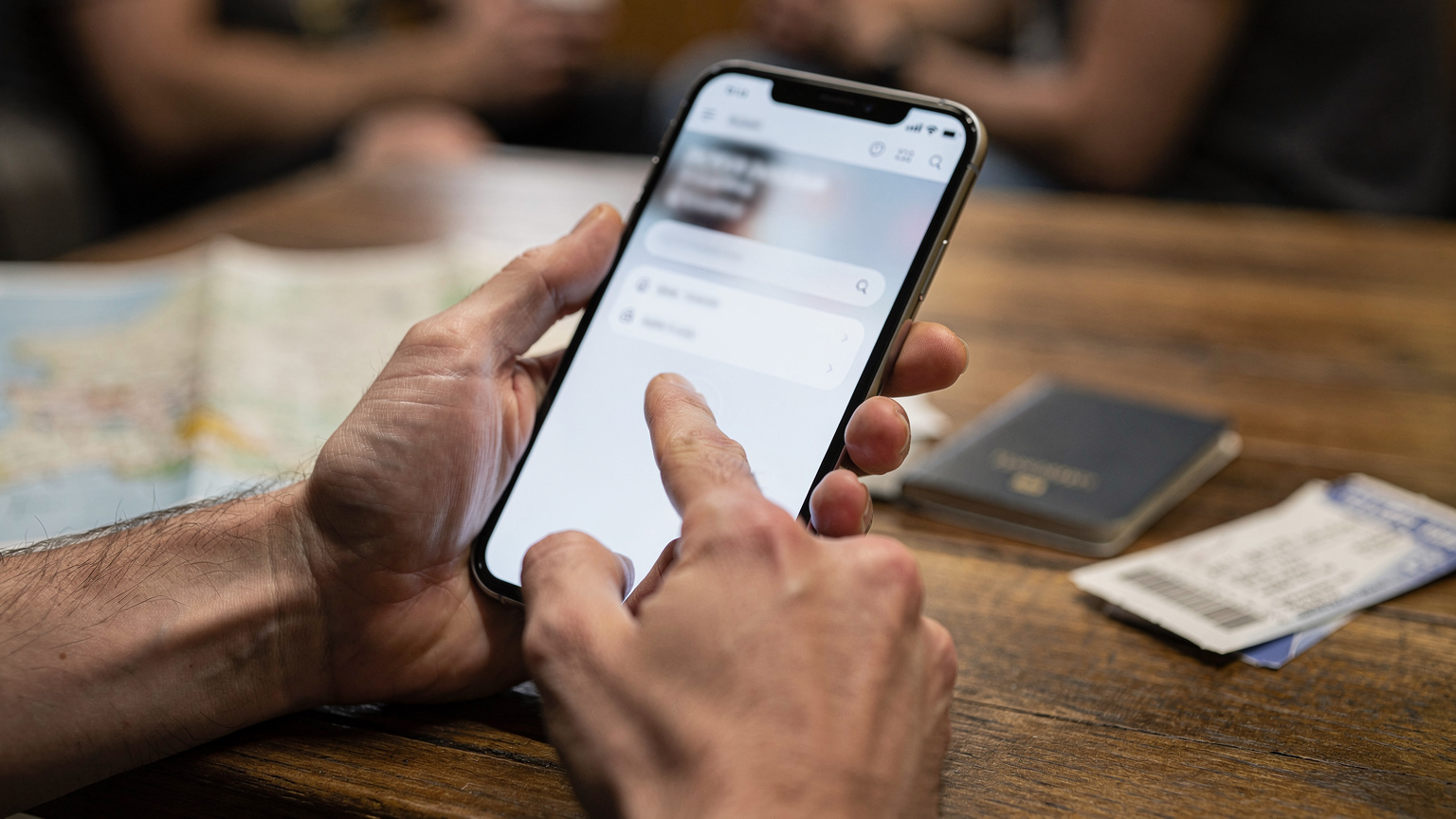 Руки тримають смартфон з активованим eSIM профілем, на столі лежать туристичний путівник та квитки.