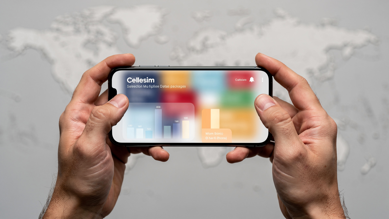 Ruce držící smartphone s otevřenou aplikací Cellesim, která přehledně zobrazuje dostupné datové balíčky pro různé země světa, v pozadí je rozmazaná mapa světa, evokující snadné plánování a cestování.