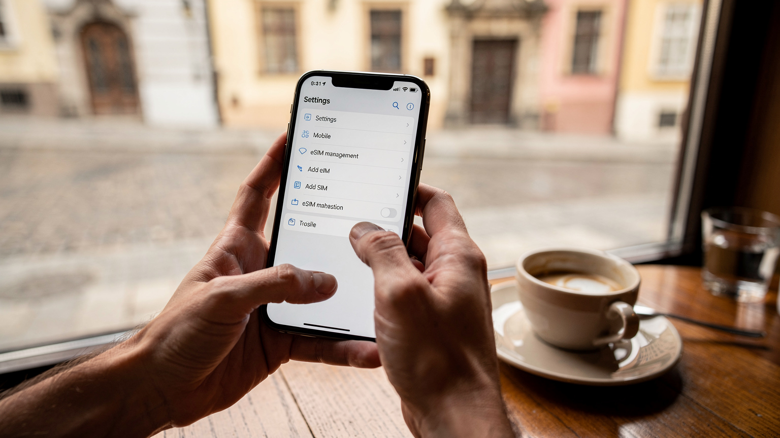 Detailní záběr rukou digitálního nomáda, který na svém smartphonu s otevřeným nastavením eSIM spravuje datové profily, v pozadí je rozmazaná pražská kavárna s výhledem na starobylé uličky.
