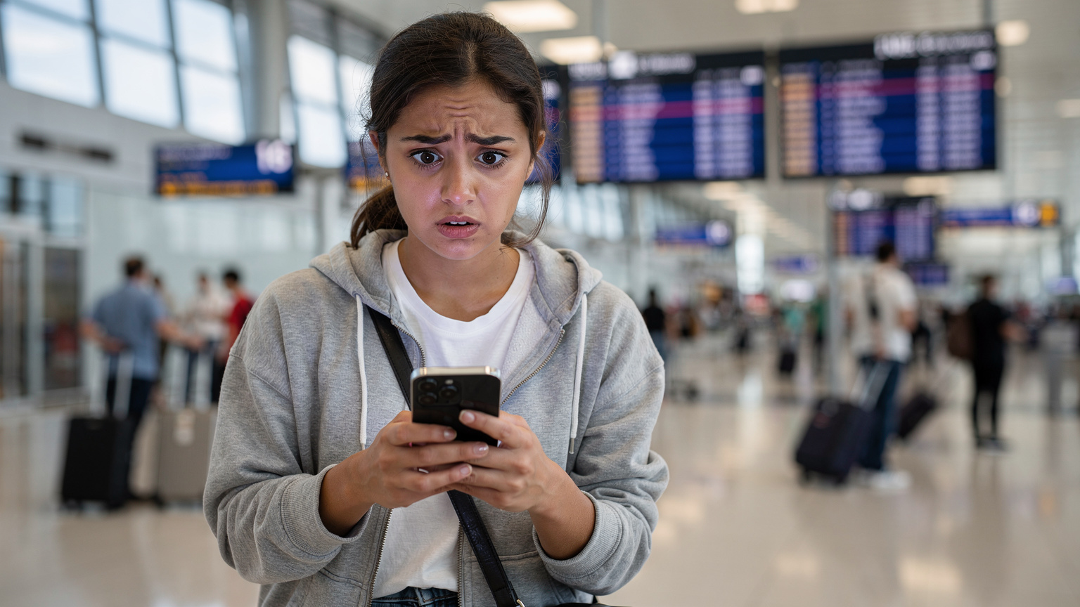 Mladá žena s výrazem zděšení drží v ruce svůj smartphone, na displeji je vidět upozornění na vysokou spotřebu dat a s tím spojené náklady, v pozadí je rozmazané letiště s cedulemi.
