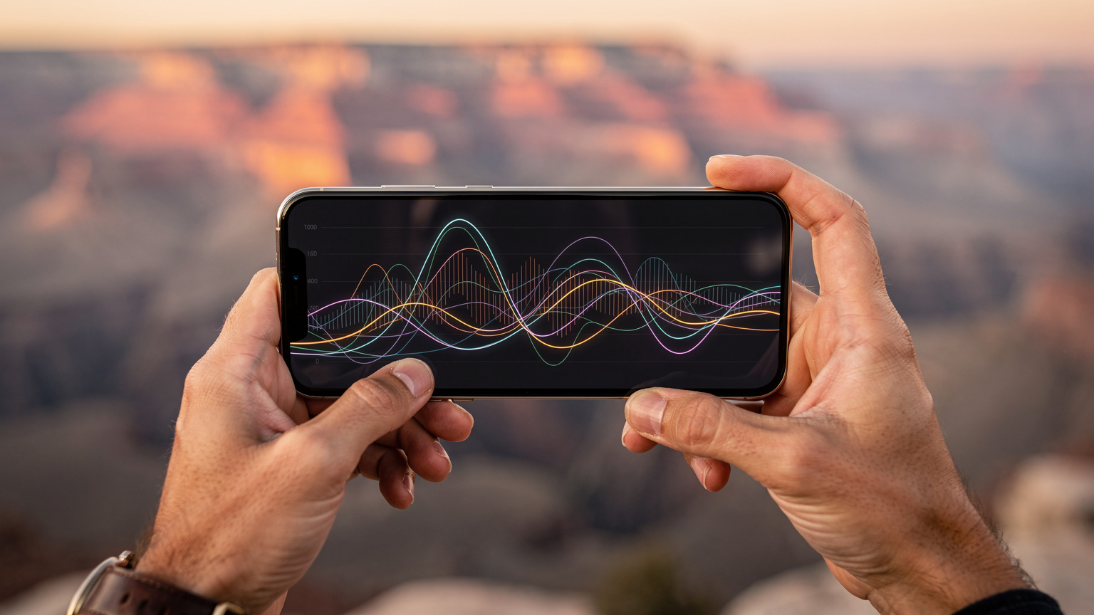 Zblízka záběr na ruce cestovatele držícího smartphone, na obrazovce je vidět graf spotřeby mobilních dat s několika špičkami, což naznačuje intenzivní používání. V pozadí je rozmazaná silueta Grand Canyonu.