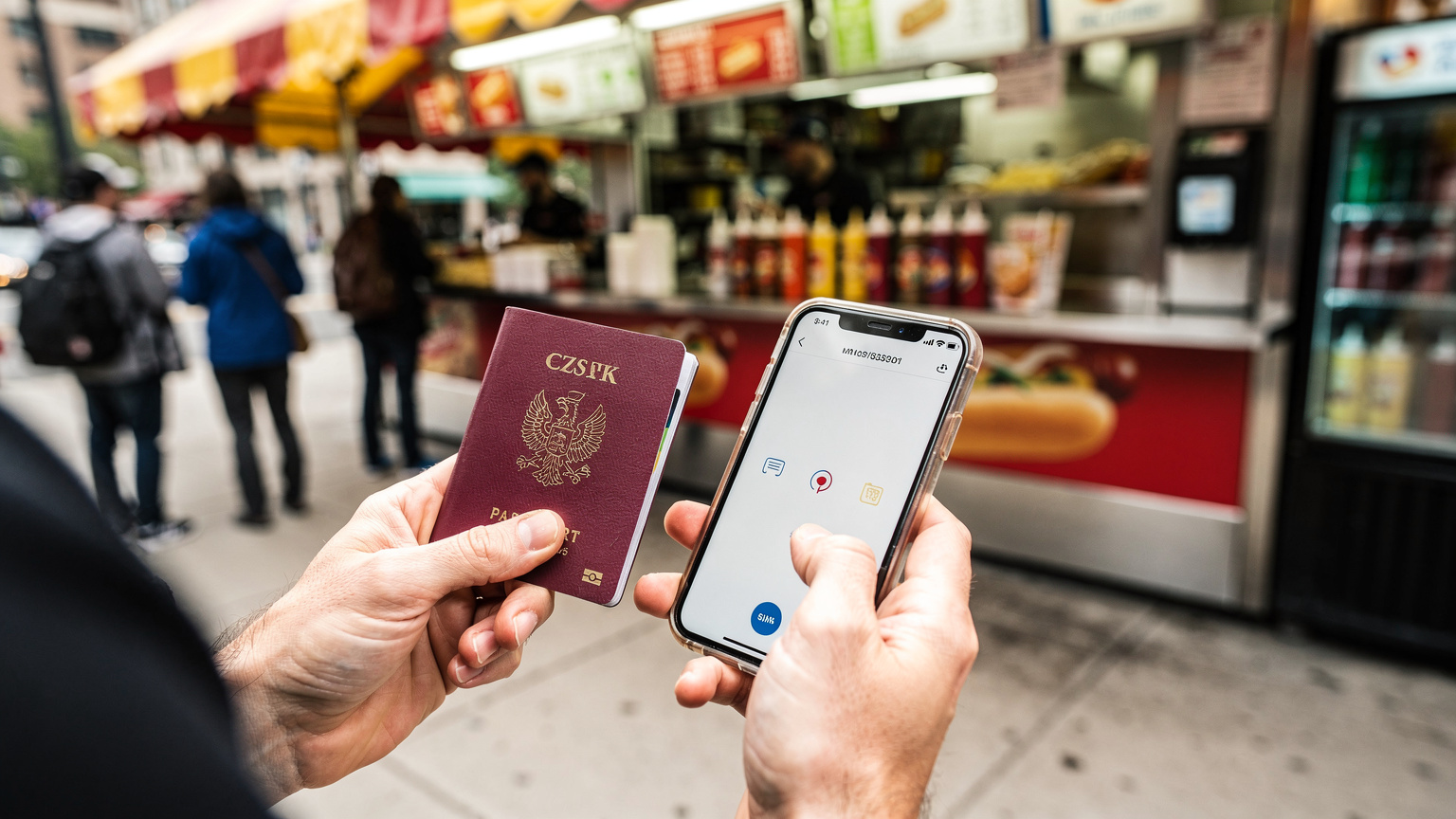 Ruce cestovatele drží pas a telefon s aktivní eSIM, zatímco u stánku s hot-dogy v ulicích Chicaga. Scéna zachycuje uvolněnou atmosféru s pouličním jídlem v pozadí.