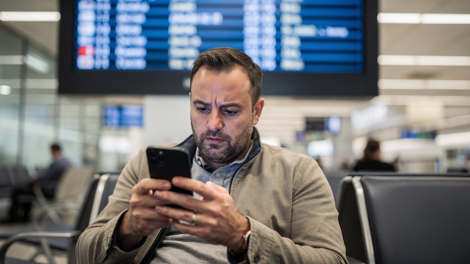 Cestovatel s mírně ustaraným výrazem drží svůj telefon, na kterém se zobrazuje chybová hláška "žádné připojení", zatímco sedí v čekárně na letišti Pearson v Torontu. V pozadí je vidět příletová tabule.