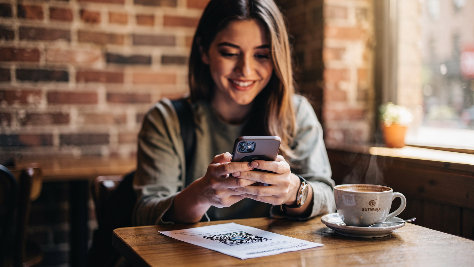 Cestovatelka v New Yorku snadno aktivuje eSIM skenováním QR kódu na svém telefonu, zatímco si vychutnává kávu v kavárně v Greenwich Village.