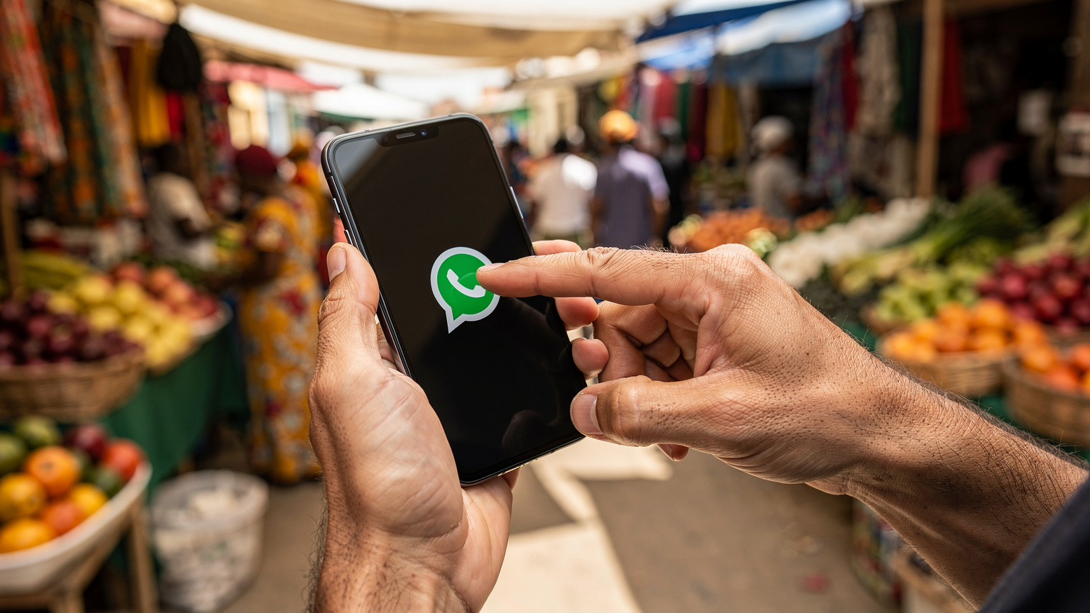 Detailní záběr rukou digitálního nomáda, který drží svůj chytrý telefon a ukazuje na ikonu WhatsApp, zatímco v pozadí je rozmazané rušné kapverdské tržiště.