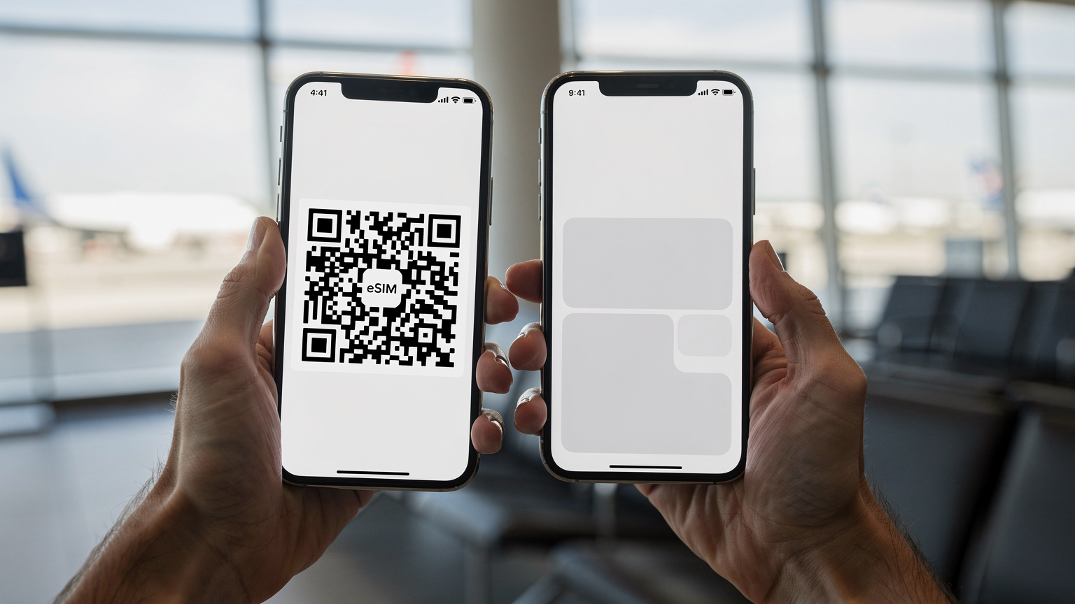 Руки человека держат два смартфона, один из которых отображает QR-код для активации eSIM, на фоне размытого интерьера аэропорта.