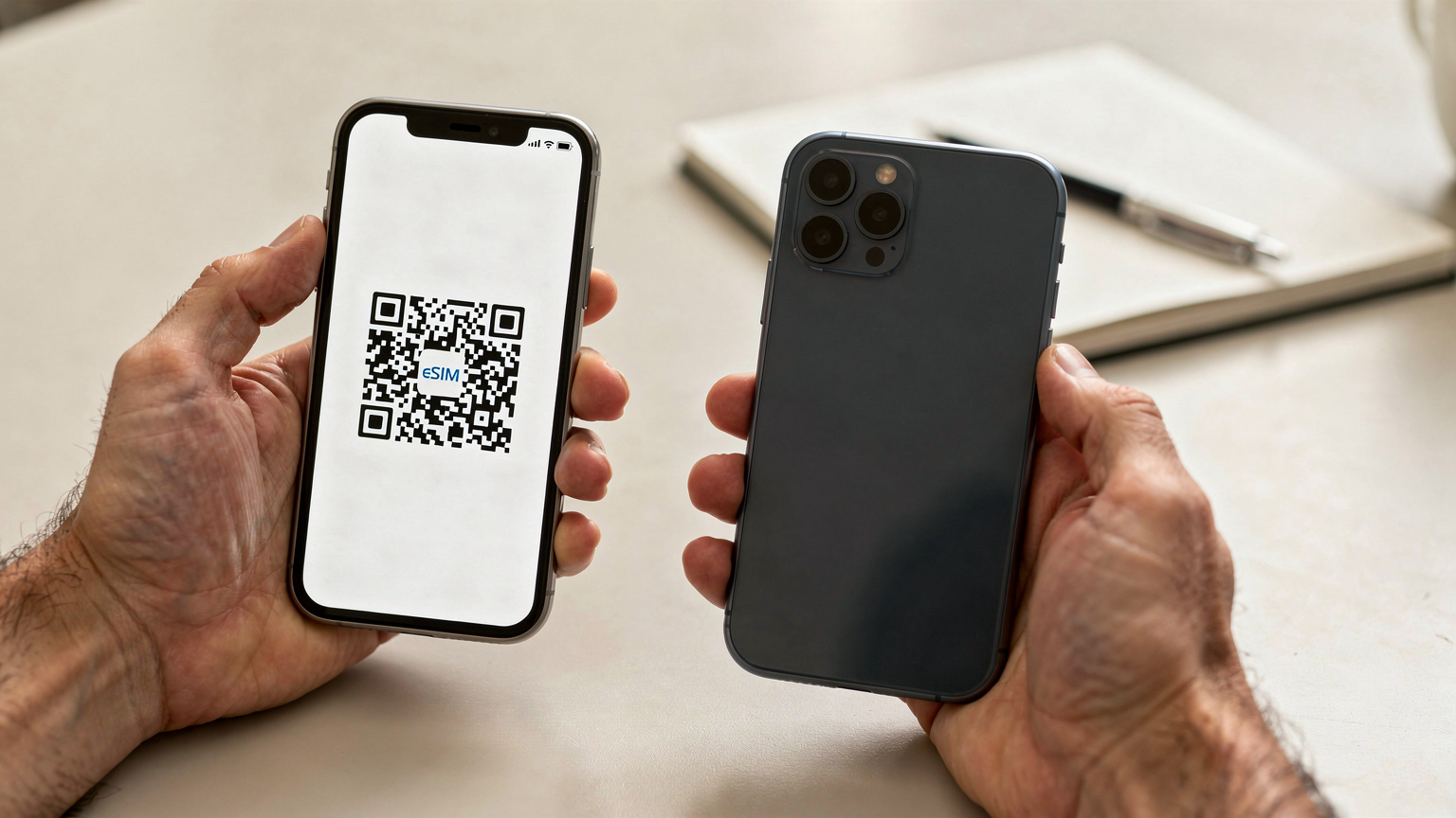 Крупний план рук, які фотографують QR-код для активації eSIM зі старого телефону на новий смартфон, на столі лежить блокнот та ручка.