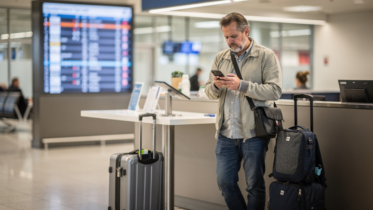 En resenär i 40-årsåldern, klädd i bekväma resekläder, står vid en informationsdisk på Arlanda flygplats och ser lätt frustrerad ut när de försöker ansluta till Wi-Fi på sin telefon, med bagage bredvid sig.