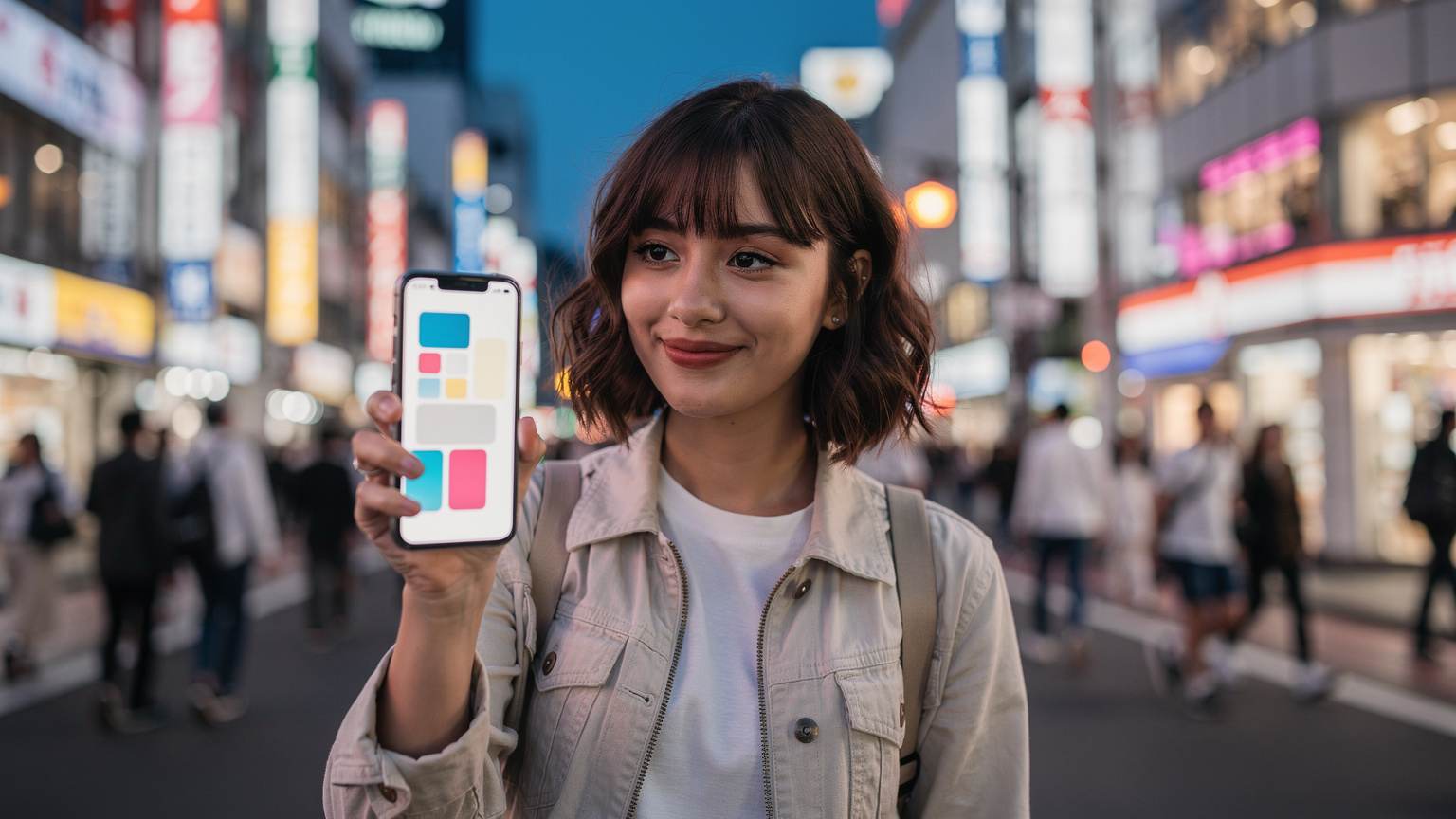 En kvinna i 20-årsåldern håller upp sin smartphone med en aktiv eSIM-profil på skärmen, med en bakgrund av en livlig shoppinggata i Tokyo, med neonljus och folkmassor.