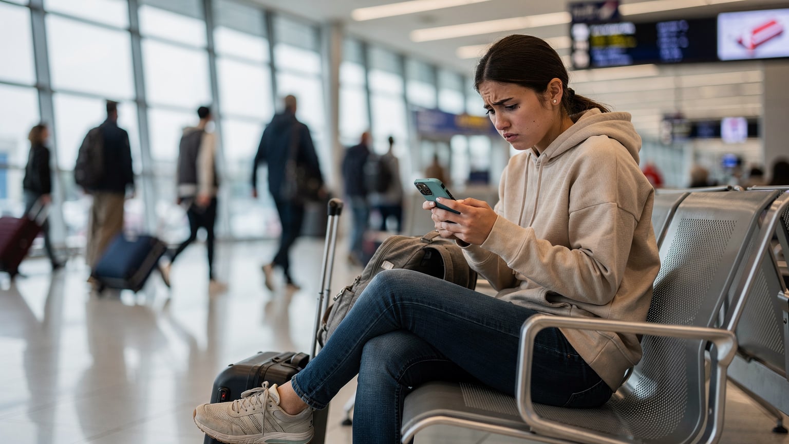 Een reiziger kijkt zorgelijk naar haar smartphone op een bankje in een drukke luchthaven, terwijl ze probeert een eSIM te activeren.