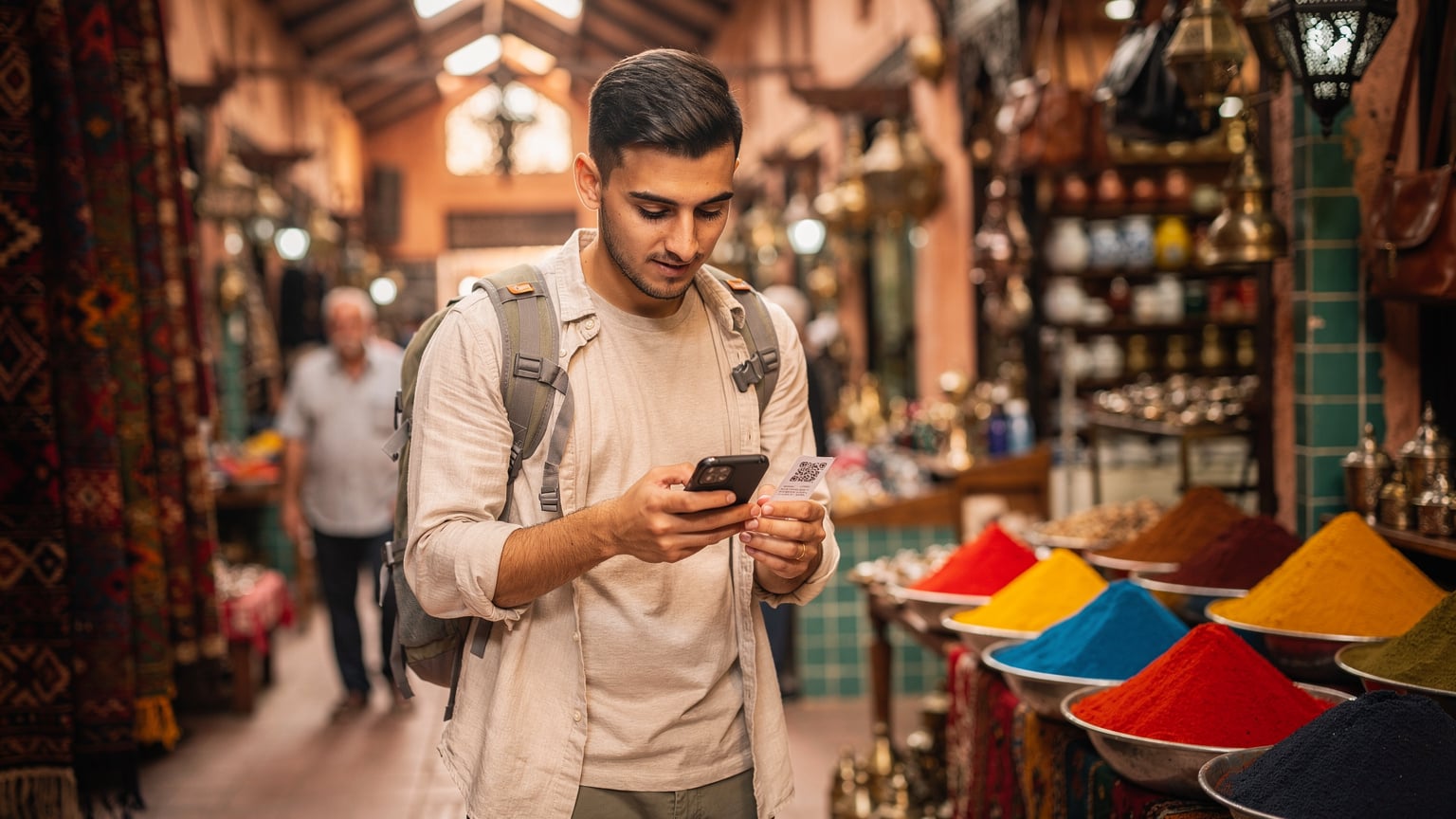 Een reiziger in een drukke markthal in Marokko, die via een QR-code op de telefoon een eSIM installeert.
