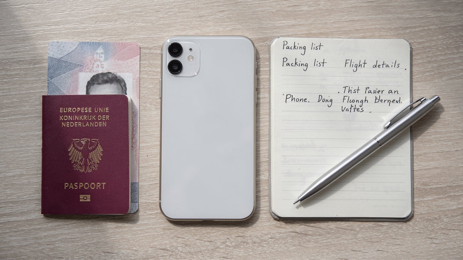 Een overhead shot van een bureau met een smartphone, paspoort, notitieboekje en een pen, wat een gevoel van reisplanning en administratie oproept.