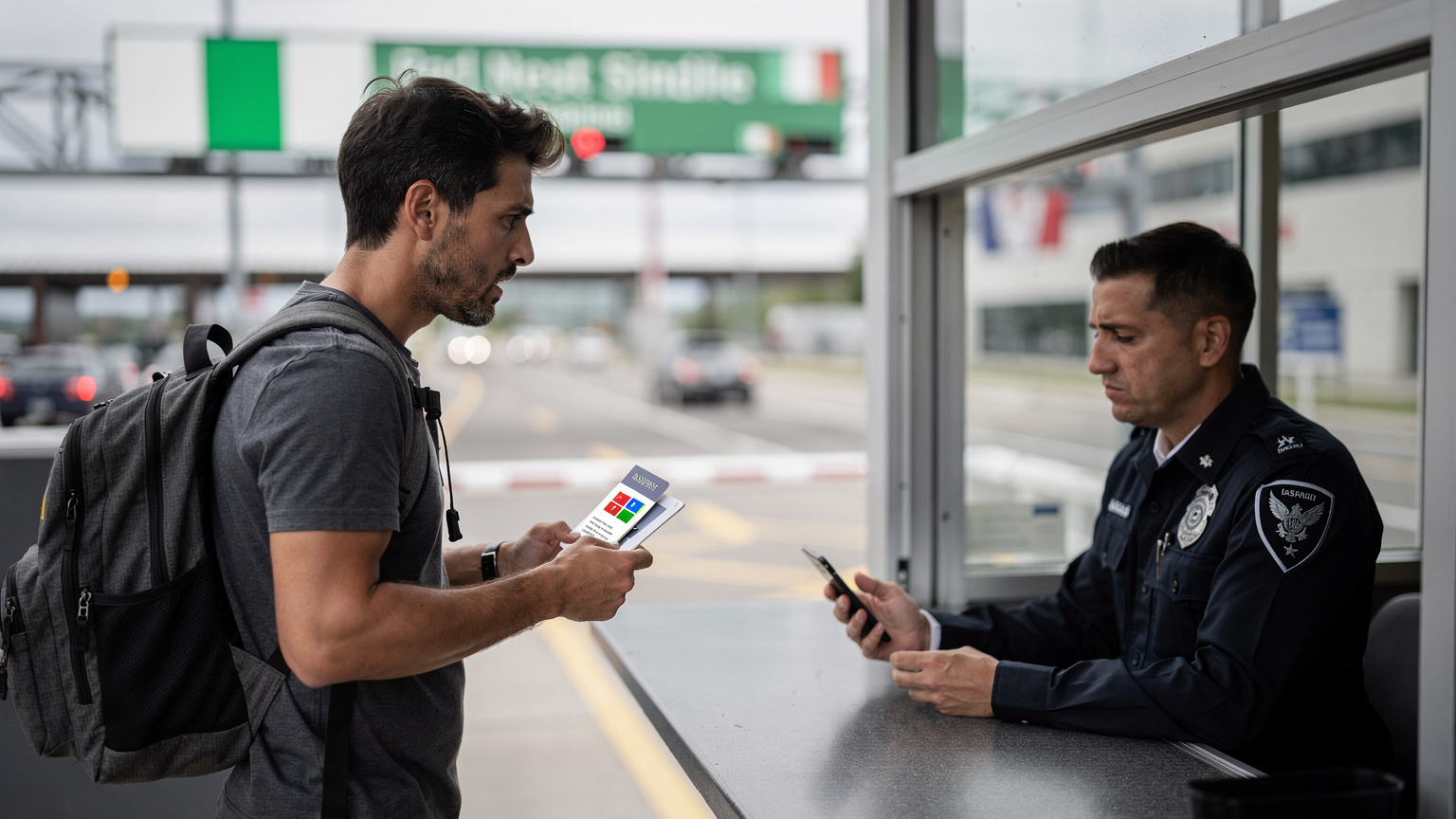 Un viaggiatore sta mostrando il suo passaporto e il suo smartphone aperto su una schermata di attivazione eSIM a un agente di frontiera con un'espressione confusa o preoccupata, suggerendo un problema di connessione durante l'attraversamento di un confine terrestre tra Stati Uniti e Canada.