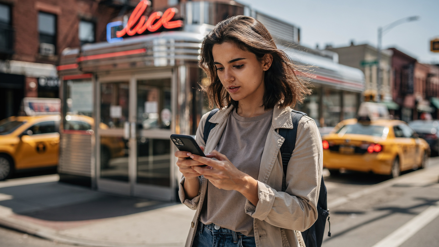 Un viaggiatore italiano consulta il suo smartphone con un'espressione decisa mentre si trova all'esterno di un tipico diner americano a Brooklyn, New York, in una giornata soleggiata.