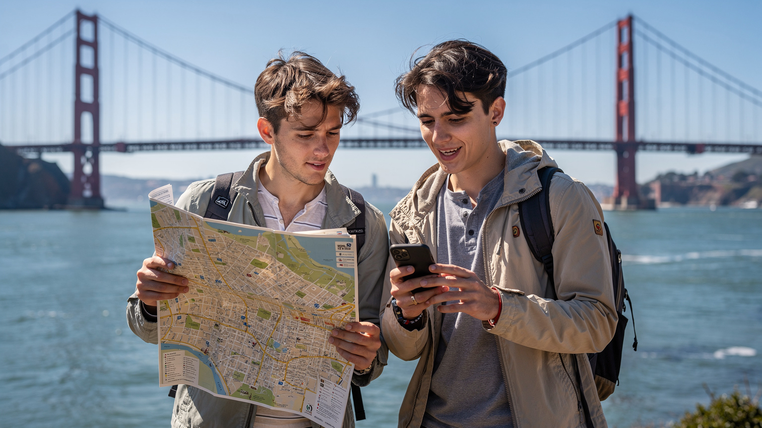 Un viaggiatore sta consultando una grande mappa turistica cartacea mentre un amico gli sta mostrando qualcosa sullo schermo del suo smartphone, probabilmente un'eSIM, di fronte a un famoso punto di riferimento a San Francisco, in California, in una giornata soleggiata.