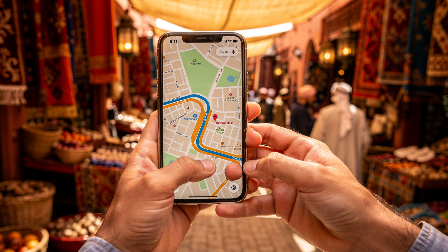 Nahaufnahme der Hände eines Erwachsenen, die ein Smartphone halten, auf dem eine Navigations-App mit einer Route durch die engen Gassen eines marokkanischen Souks angezeigt wird.