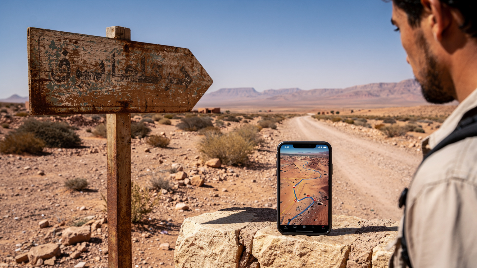 Ein verrostetes, altes marokkanisches Straßenschild, das auf ein kleines Berberdorf oder eine Oase hinweist, steht neben einem modernen Smartphone, das eine detaillierte digitale Karte mit einer hervorgehobenen Route in der Wüste anzeigt.