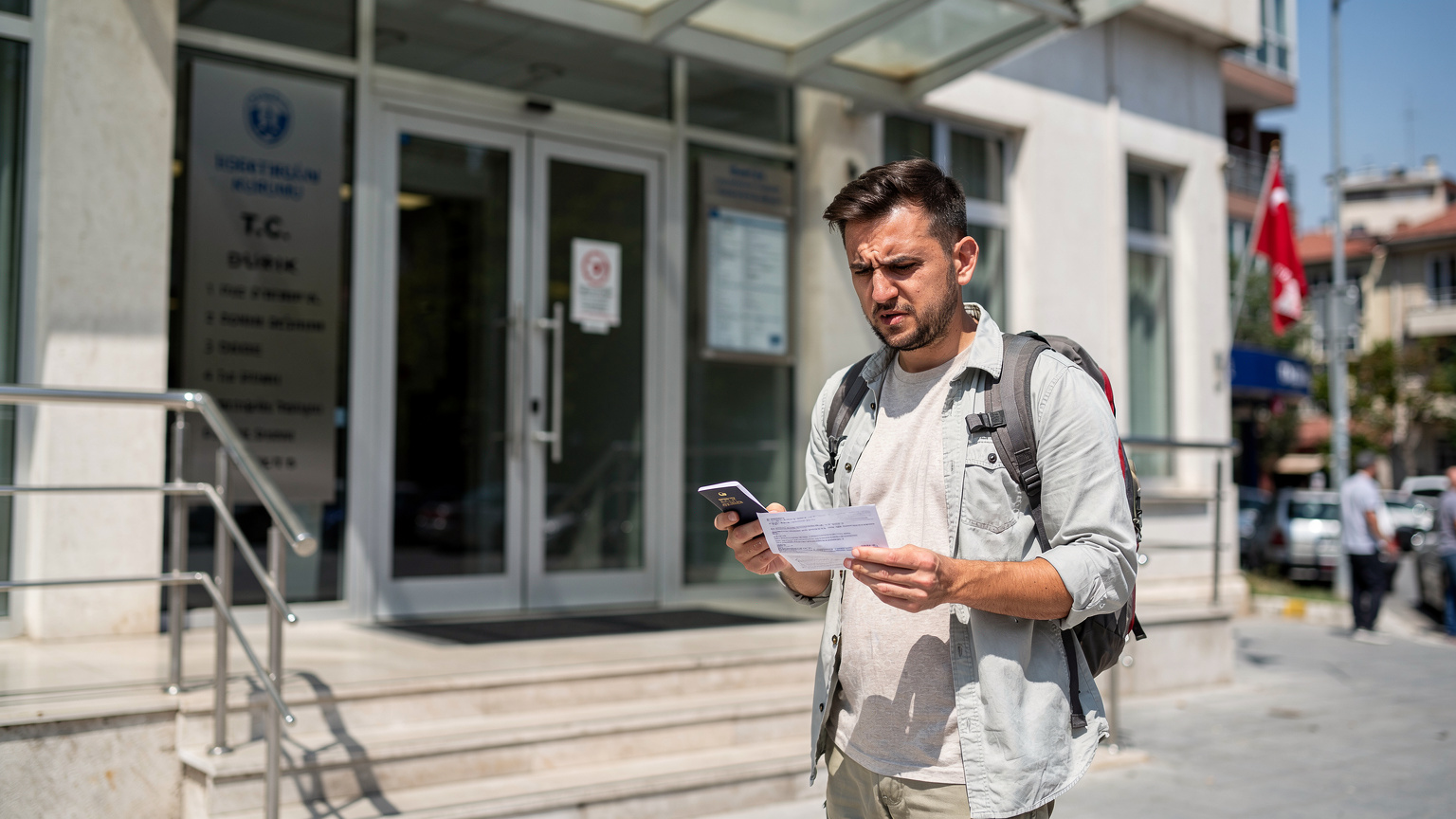 Türkiye'de bir BTK ofisinin önünde, IMEI kayıt süreciyle ilgili sorun yaşayan bir gezgin.