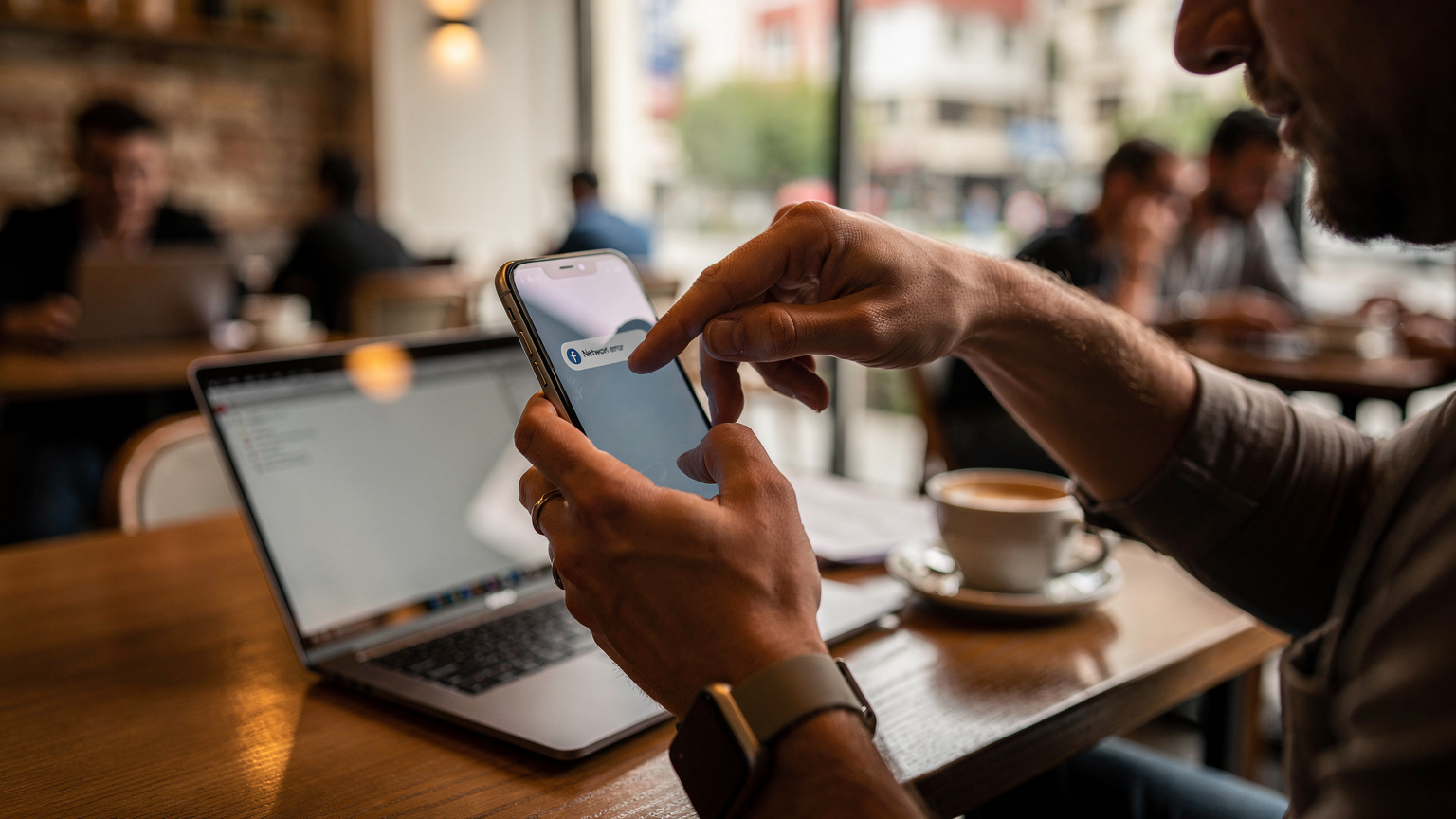Bir dijital nomadın elinde akıllı telefonuyla bir kafede çalışırken anlık bir sorunla karşılaştığı an.