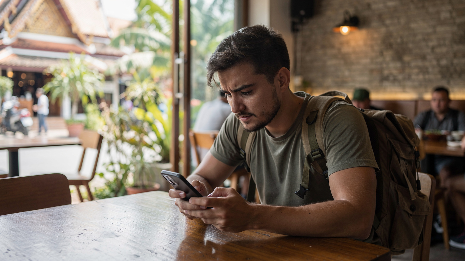 Un voyageur vérifie l'état de sa consommation de données sur son smartphone alors qu'il est assis dans un café animé à Chiang Mai, avec des bâtiments thaïlandais traditionnels visibles par la fenêtre.