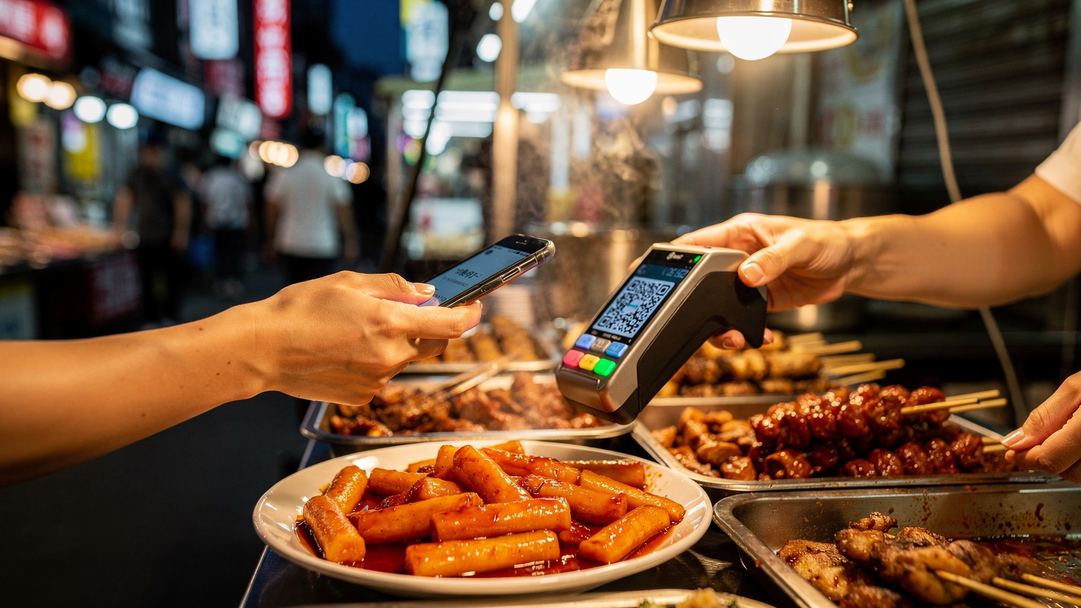 韓国の明洞の屋台でトッポッキを注文しながら、iPhoneでQR決済をしようとしている日本人旅行者の手元。