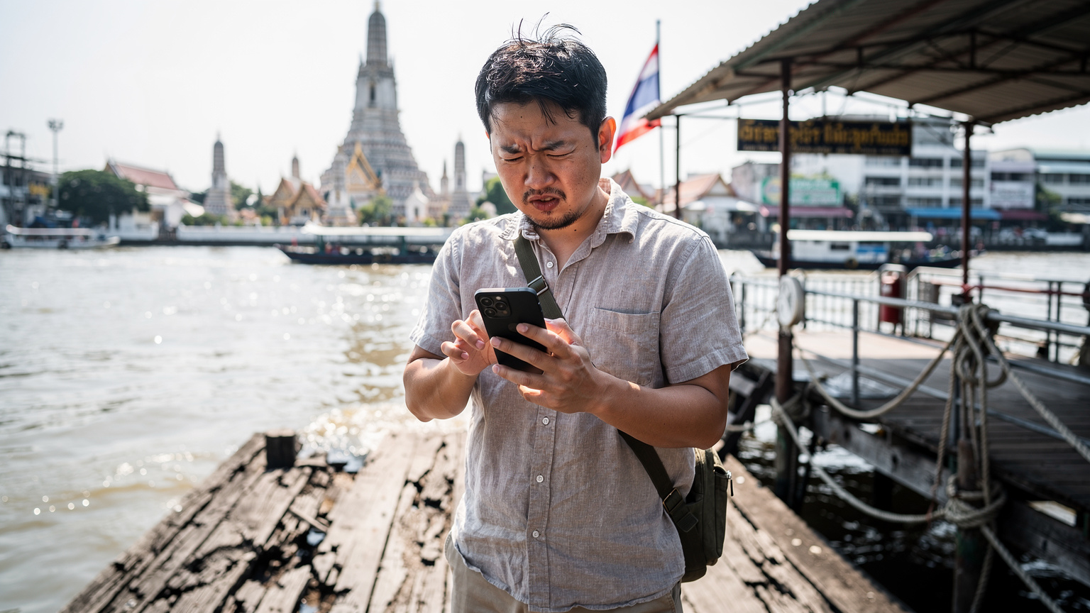 タイのバンコク、ワット・アルン近くの渡し船を待つ桟橋で、iPhoneの画面を見て困惑した表情の日本人男性旅行者。