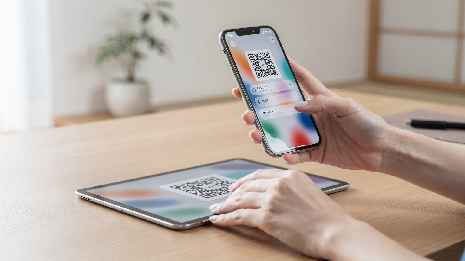 iPhoneのeSIM設定画面で、QRコードをスキャンして新しいモバイル通信プランを追加している日本人女性の手元。