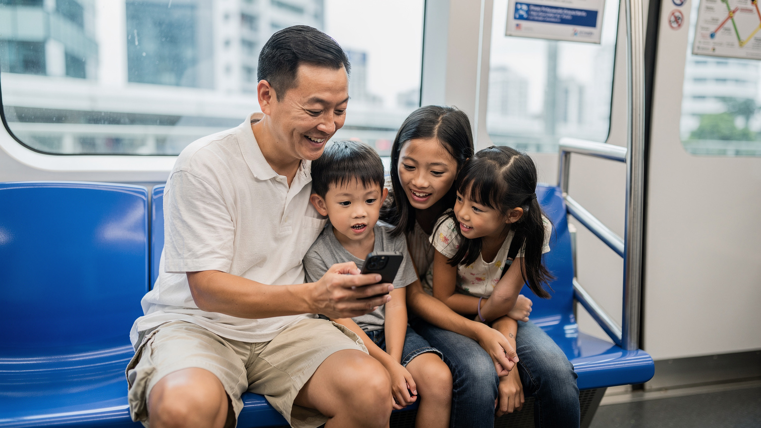 Seorang bapak tersenyum sambil menunjukkan layar ponselnya kepada anak-anaknya di dalam kereta MRT yang modern di Singapura.