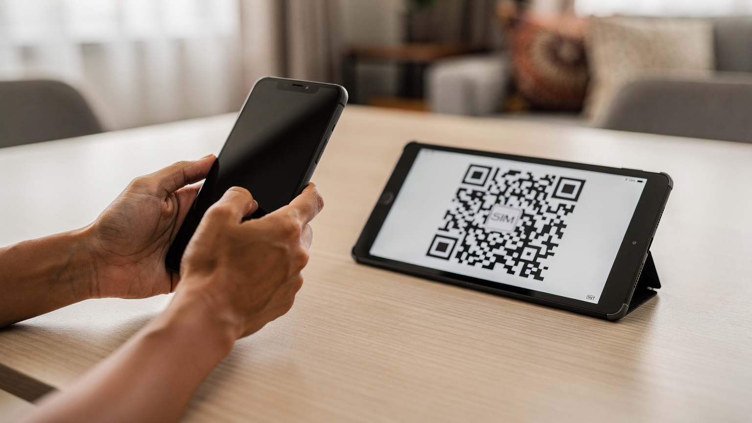 Tangan seorang ibu sedang memegang smartphone-nya untuk memindai kode QR eSIM yang ditampilkan di layar tablet anak-anaknya di atas meja.
