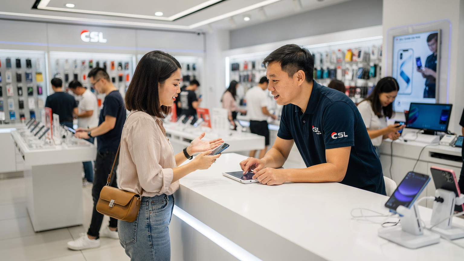 一名女性旅客在香港CSL門店諮詢eSIM服務，門店內人流較多，展現了本地電訊商的繁忙景象。