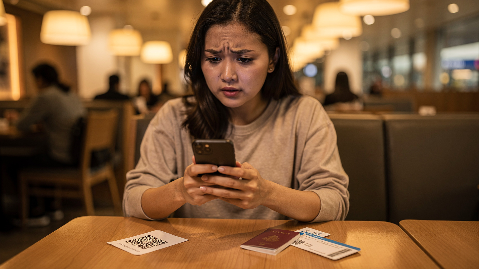Seorang wanita muda Indonesia mencoba memindai kode QR eSIM di ponselnya, dengan paspor dan tiket pesawat tergeletak di meja kafe bandara.