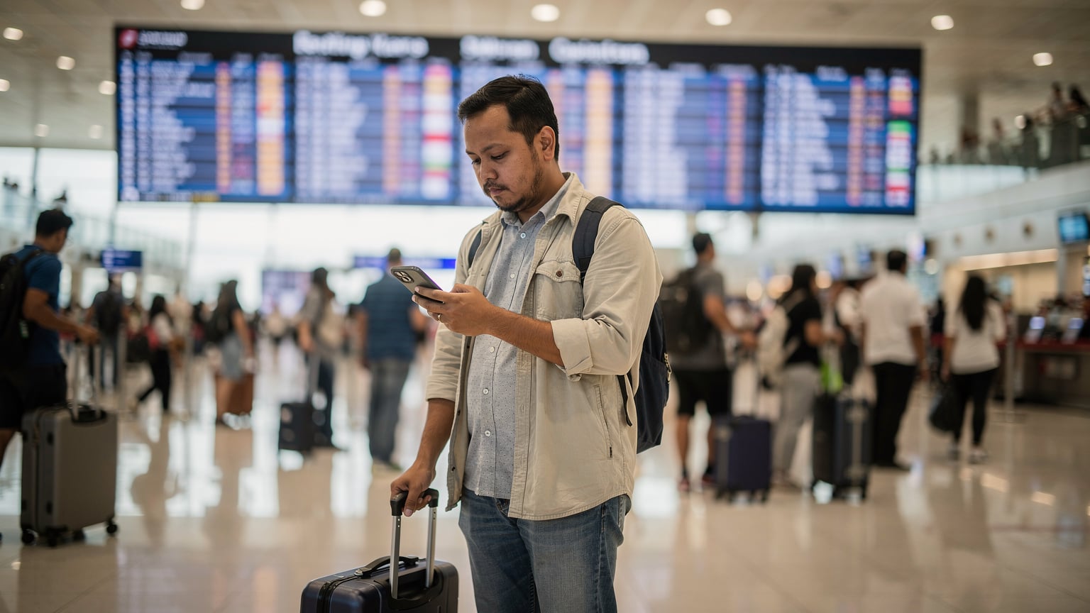 Seorang pria Indonesia mengamati ponselnya di bandara yang ramai, dengan papan keberangkatan digital besar di belakangnya.