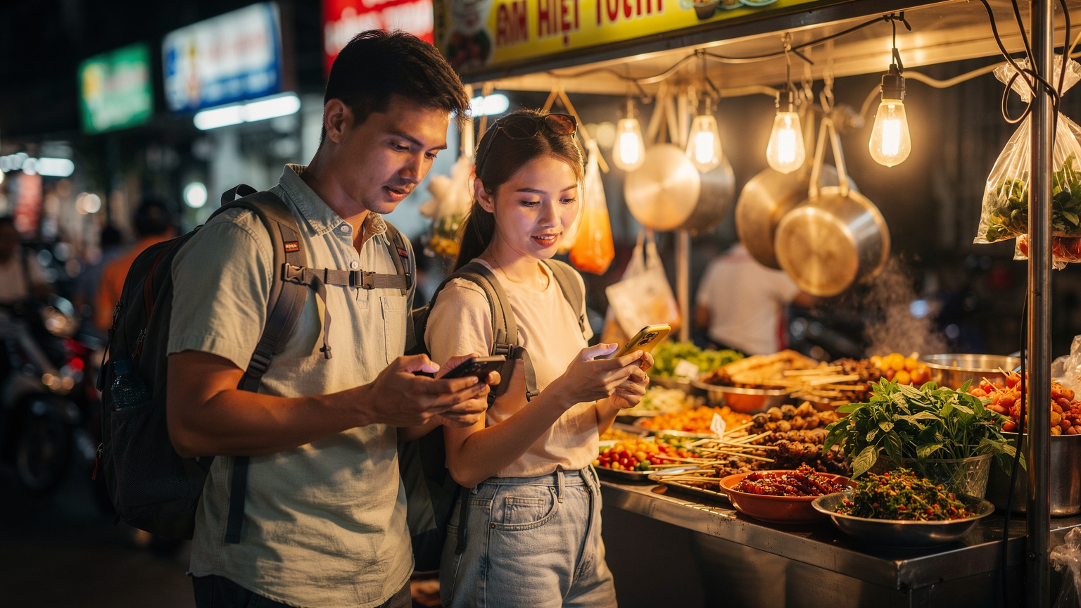 Asya'da renkli bir sokak yemeği tezgahının önünde duran, telefonlarında menüleri inceleyen veya bağlantı kuran turistler.