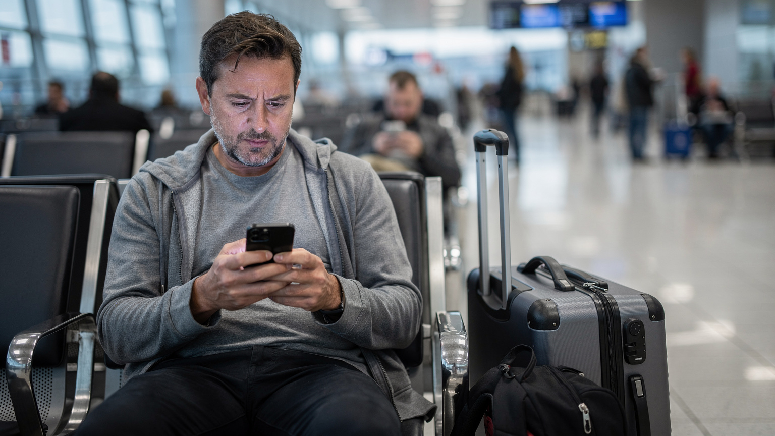 Frankfurt Havalimanı'nda, yüzünde endişeli bir ifadeyle telefonunun ekranına bakan yorgun bir gezgin.