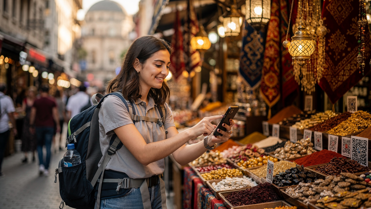 İstanbul Eminönü'nde kalabalık bir sokakta yürüyen, telefonunda bir QR kodu tarayan genç bir kadın.
